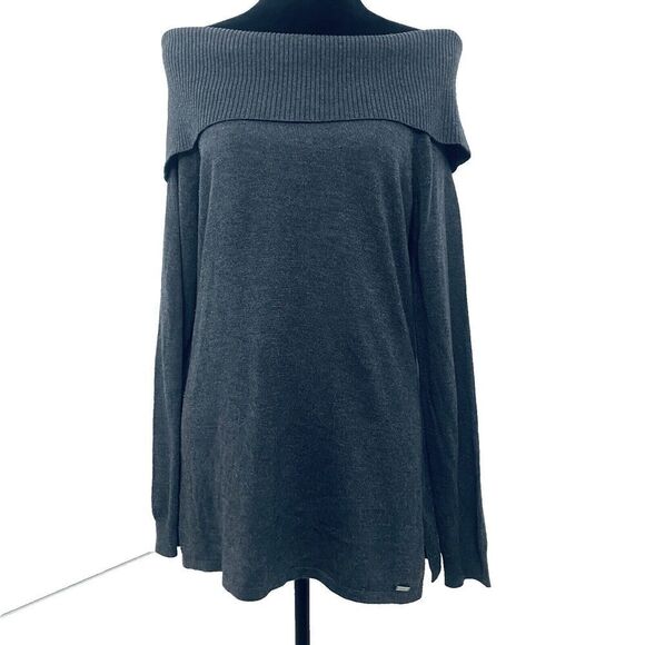 Calvin Klein Gray Foldover Off Shoulder Long Sleeve Knit Sweater Women's Medium - Picture 1 of 14